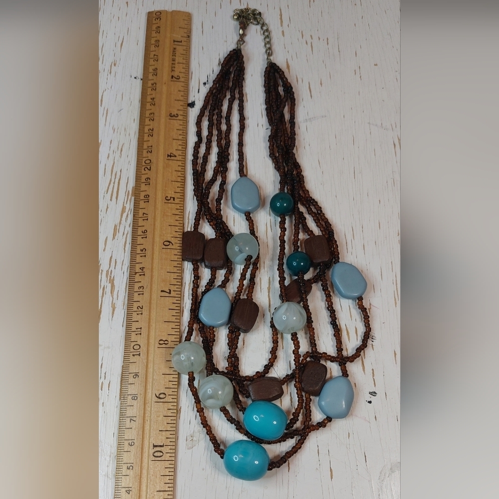 Multistrand Brown Seed Beads Turquoise Glass Beads Necklace 16.5 inches Jewelry - Picture 5 of 5